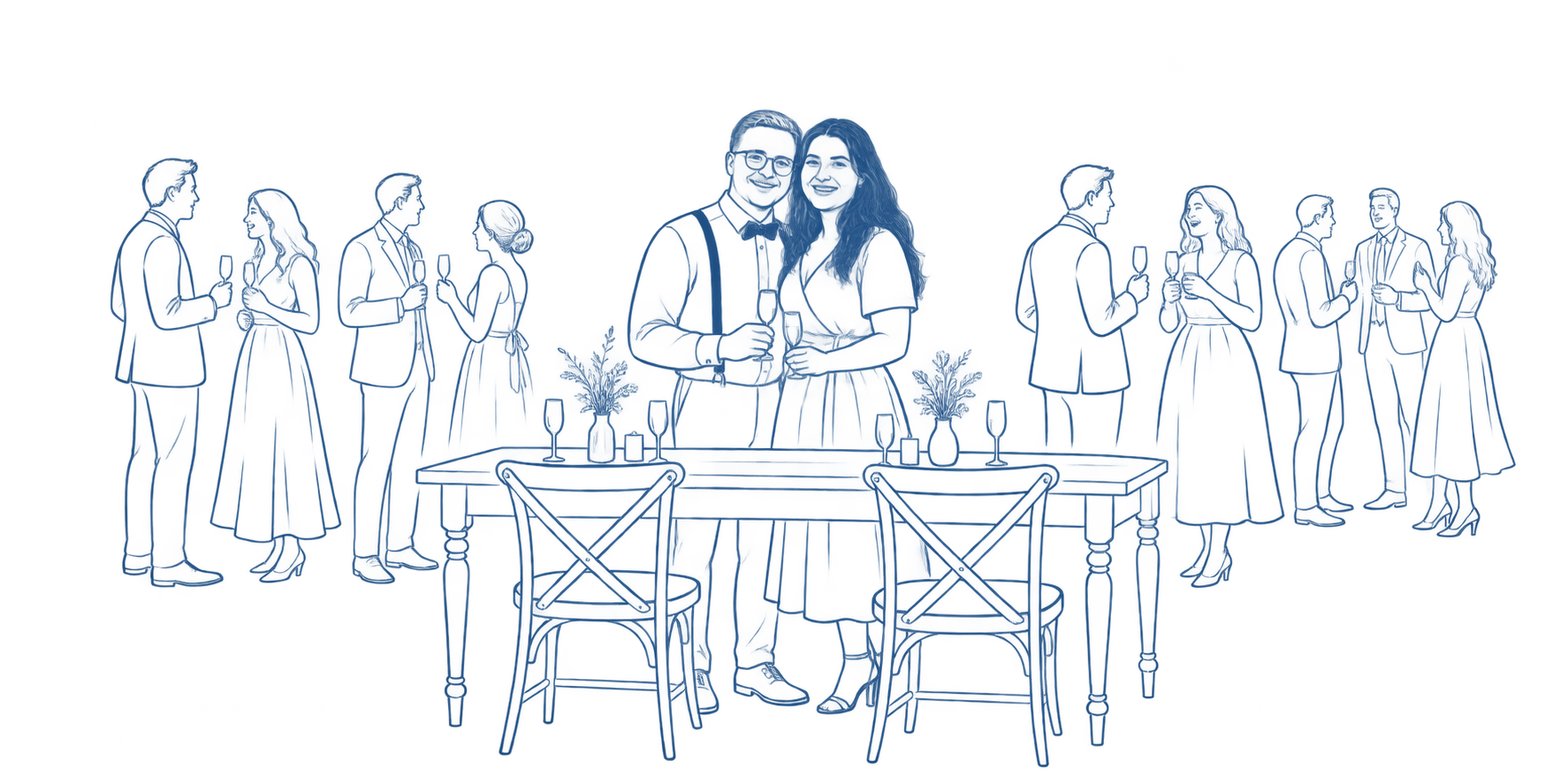 Blaue Gartenparty-Zeichnung: Karina mit langen dunklen Haaren und Tobias mit runder Brille stehen zwischen ihren Gästen an einer festlich gedeckten Tafel.